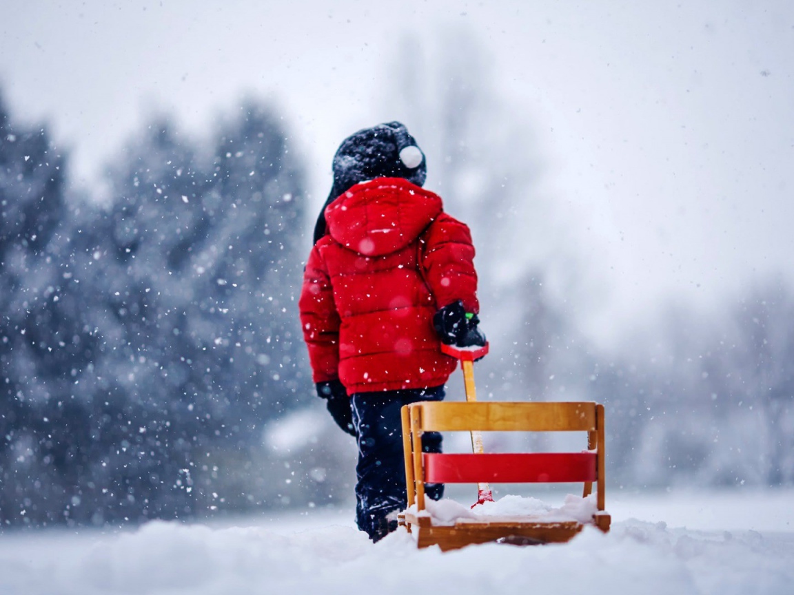 Ребенок везет санки