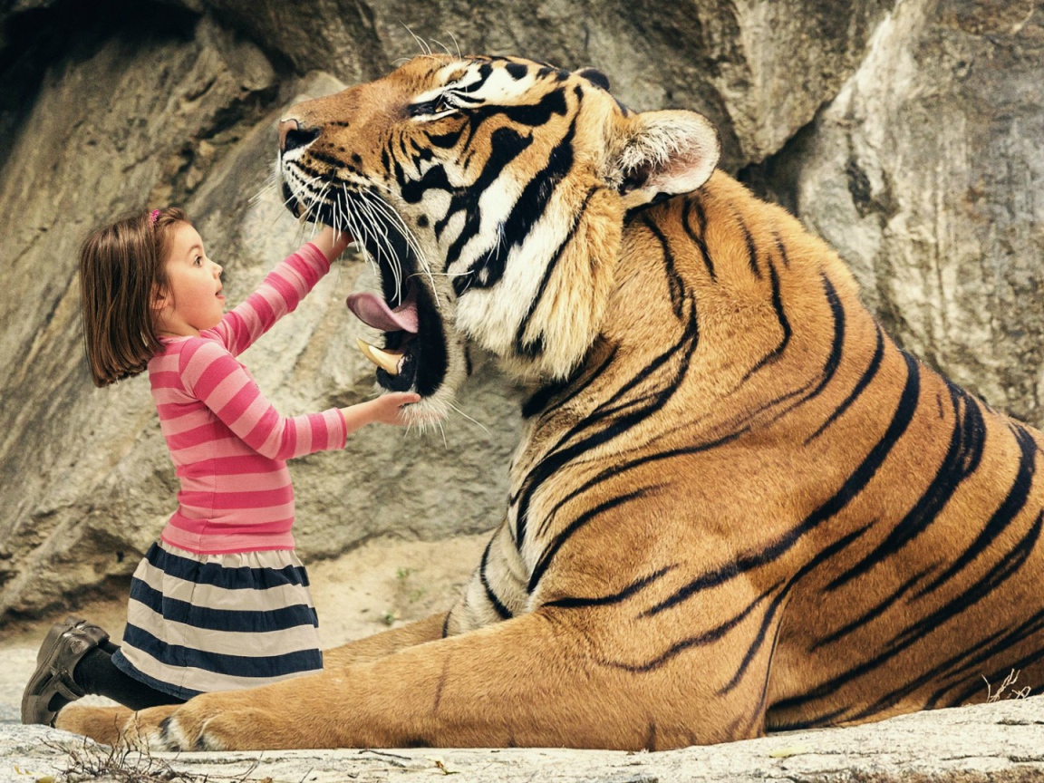 Девочка смотрит в пасть тигра