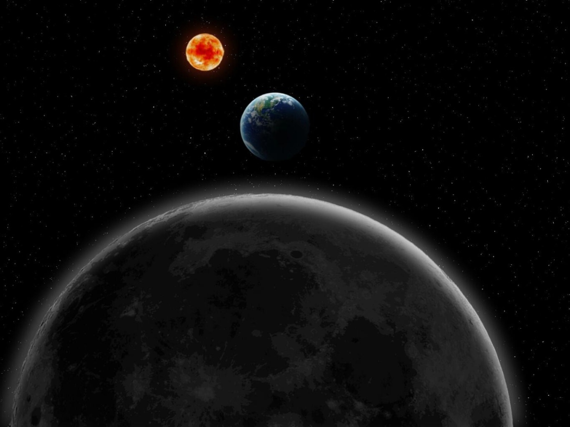 Луна, Земля и Солнце на фоне звезд