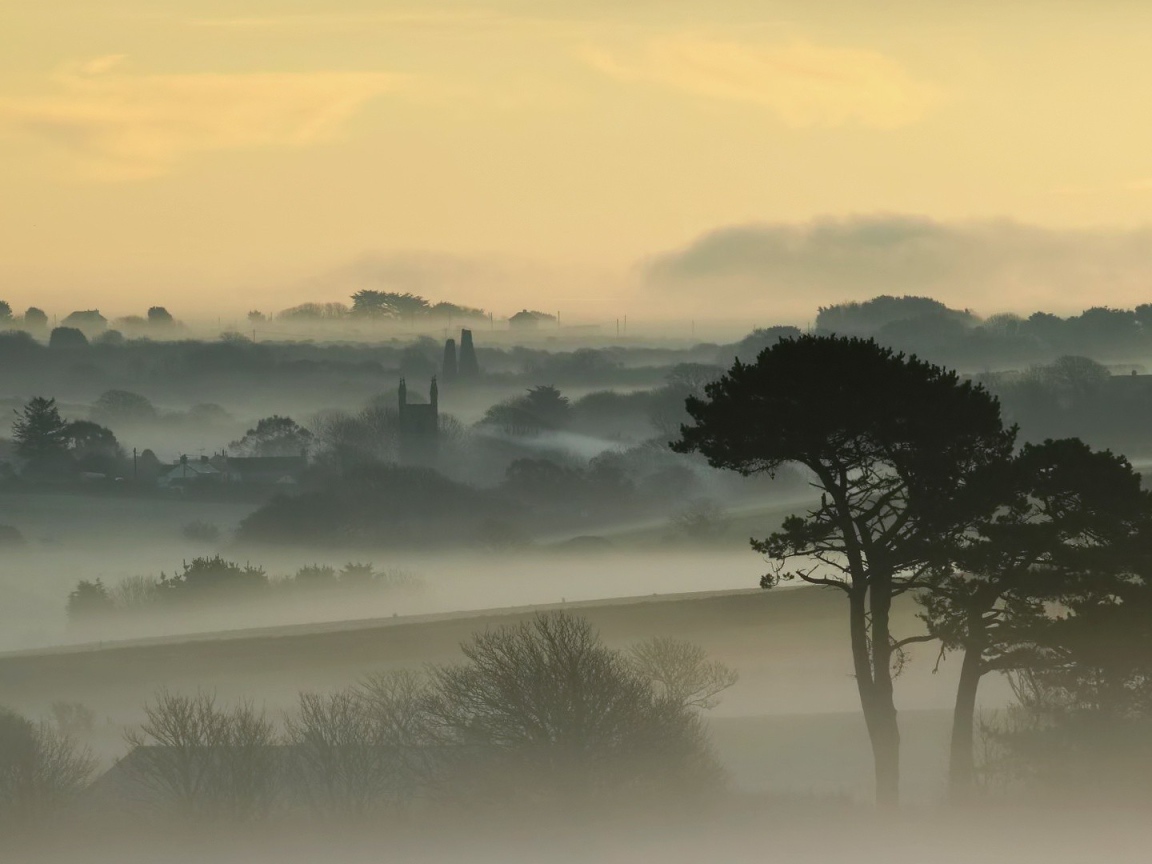 Город, покрытый густым туманом