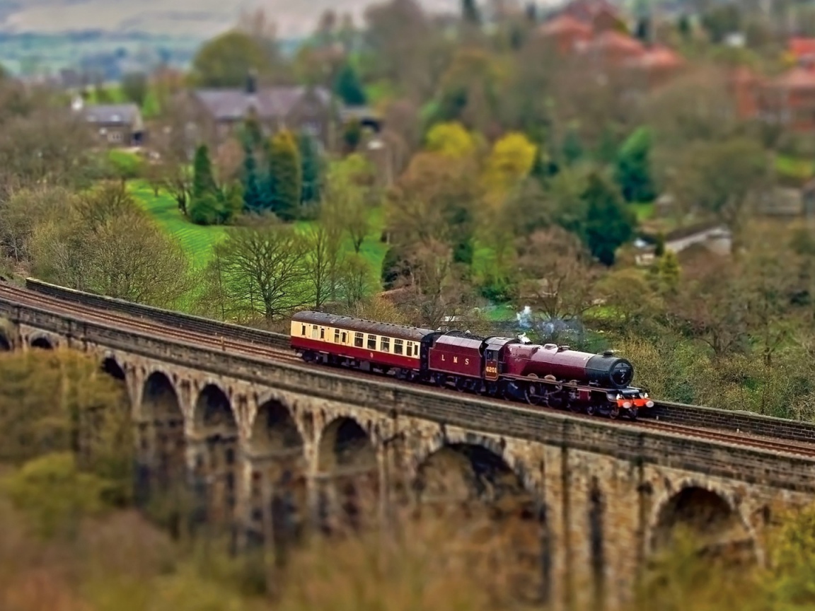 Паровоз с одним вагоном на мосту