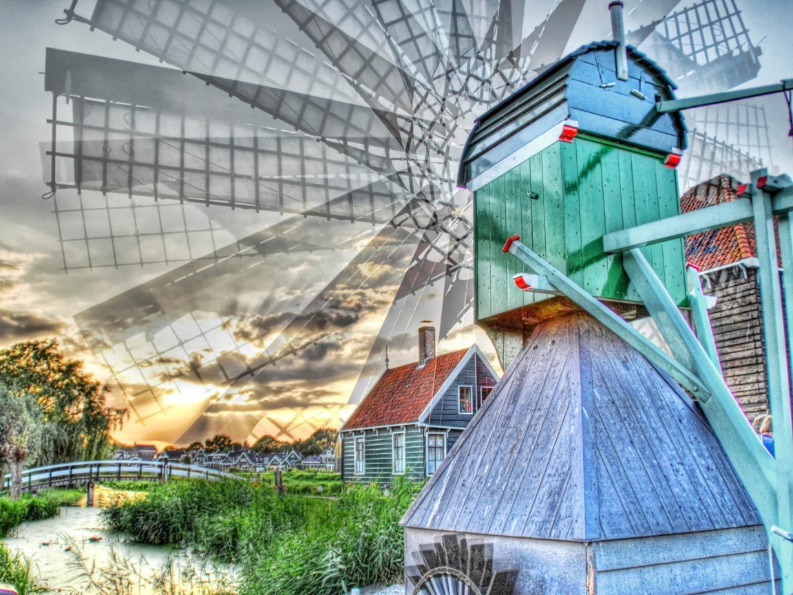 Вращение лопастей деревянной мельницы