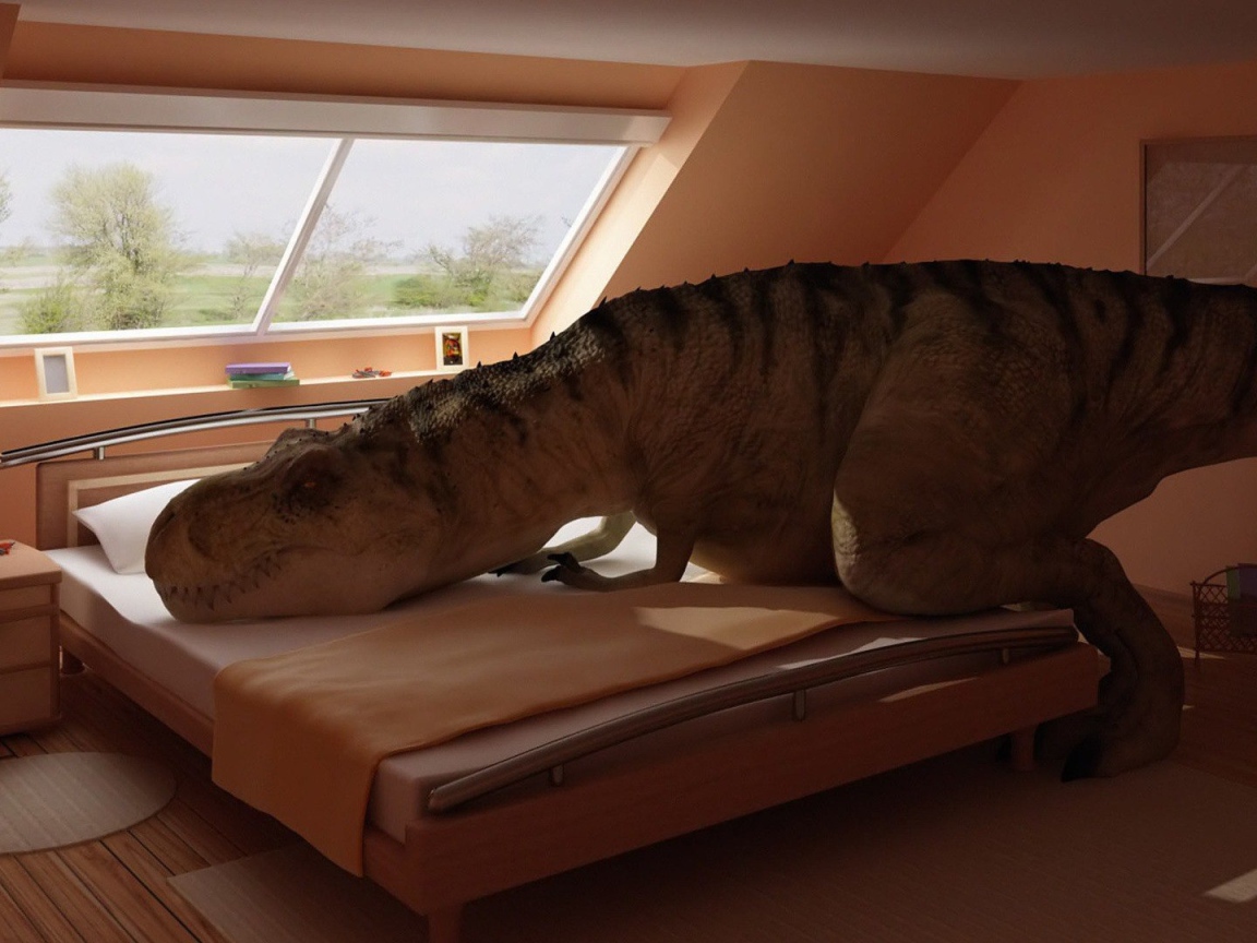 Динозавр прилег на кровать