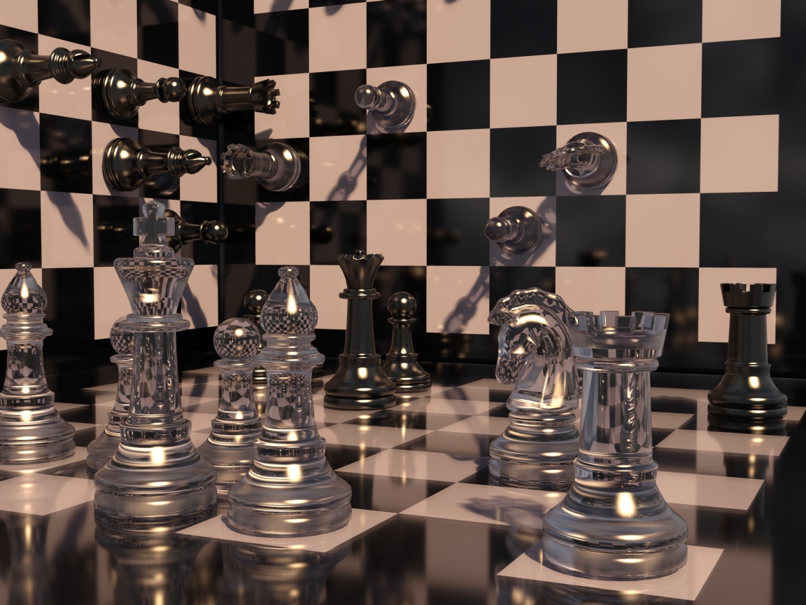 Chessboard with transparent chess pieces 3d graphics