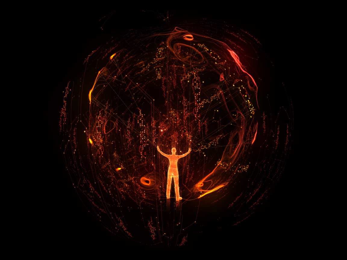 Огненный человек в сфере на черном фоне