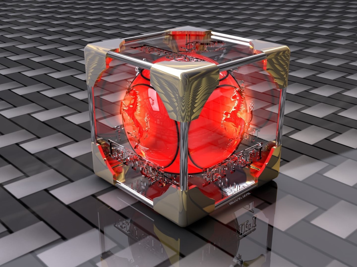 Красный шар в стеклянном кубе 3D графика 