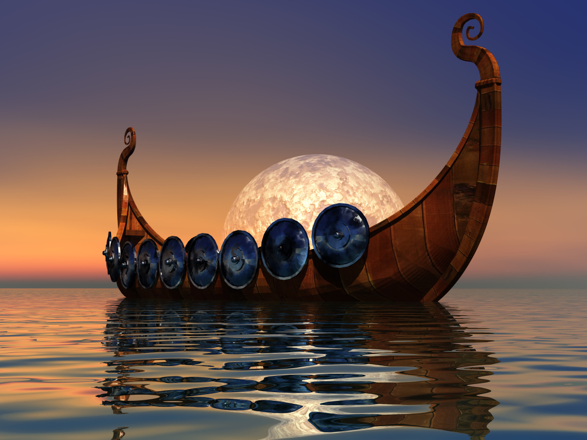 Лодка викингов на фоне луны в воде 3д графика
