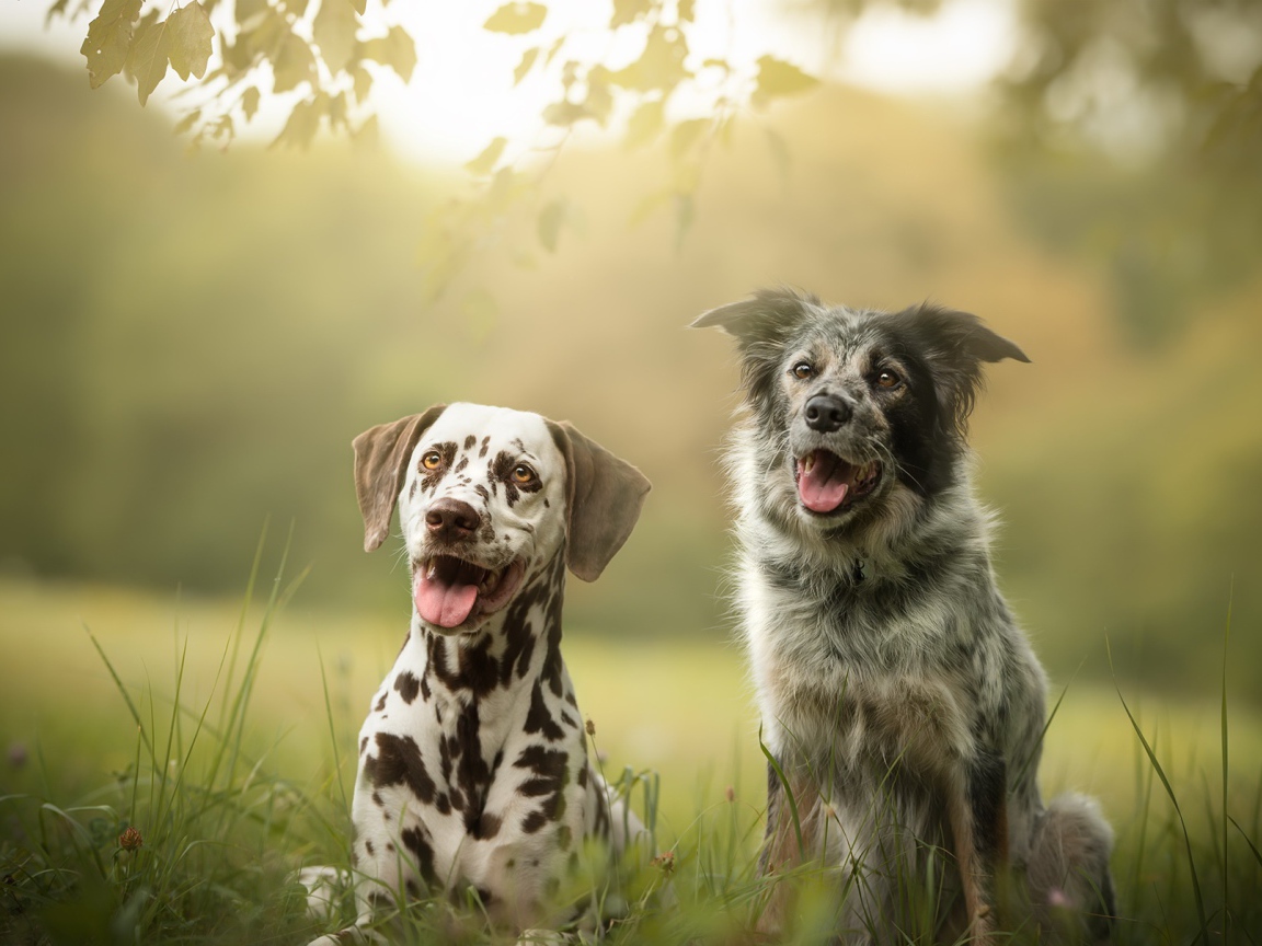 Две собаки породы далматин и Австралийская Овчарка сидят на траве