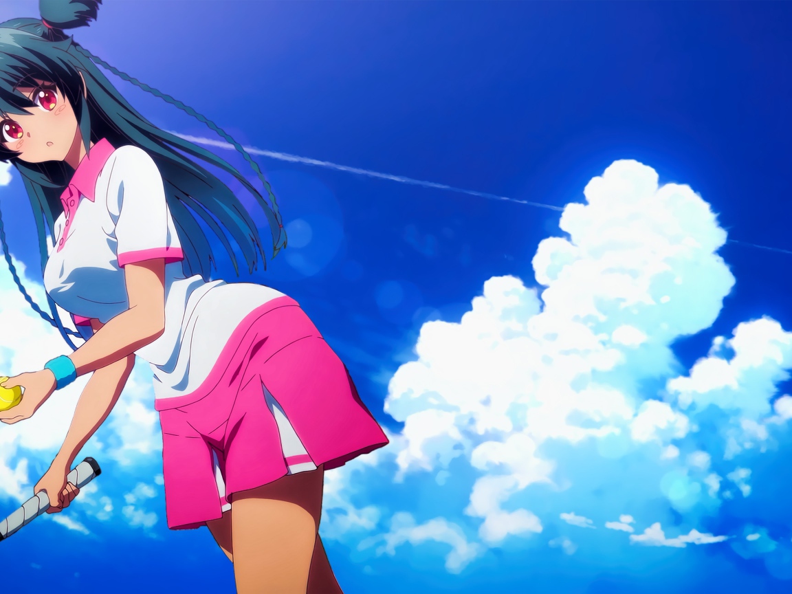 Девушка аниме Руру с ракеткой на фоне неба 