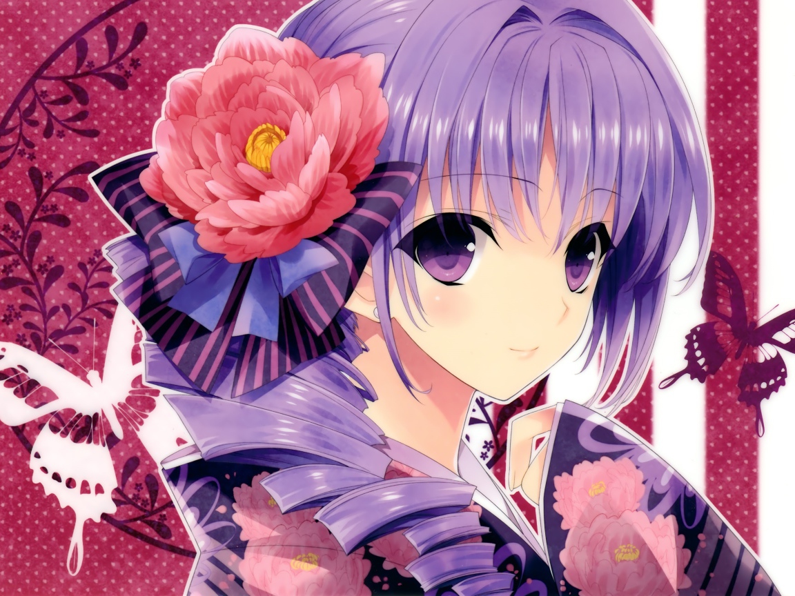 Девушка аниме в кимоно и большим красным цветком в волосах