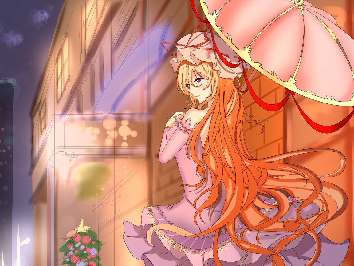 Девушка с рыжими волосами под розовым зонтом аниме 