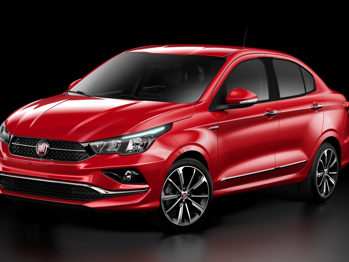 Красный автомобиль  Fiat Cronos, 2018 на черном фоне