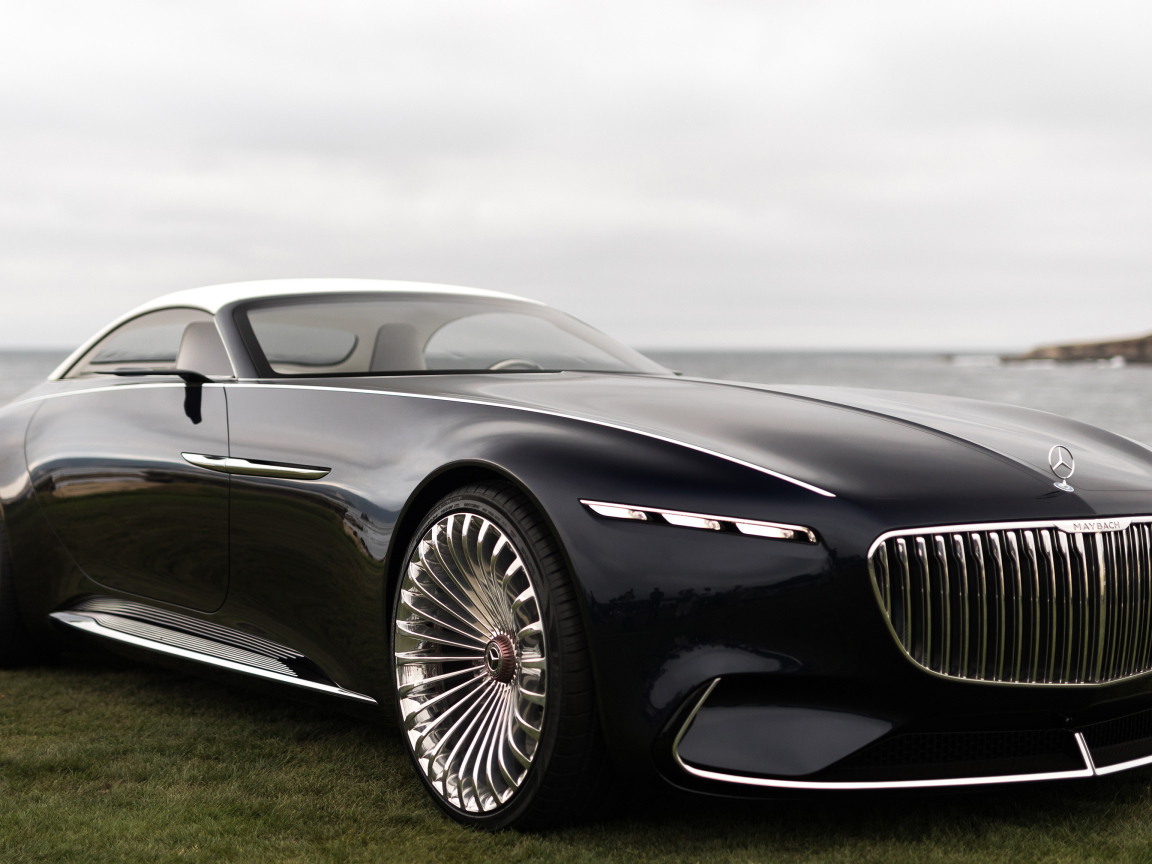 Black stylish car Vision Mercedes-Maybach 6 Cabriolet, 2018 near the water