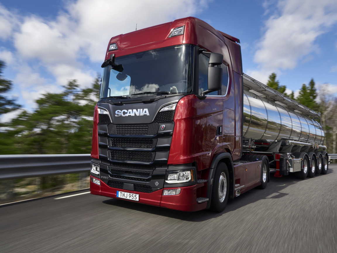 Red truck Scania S 650 on the road