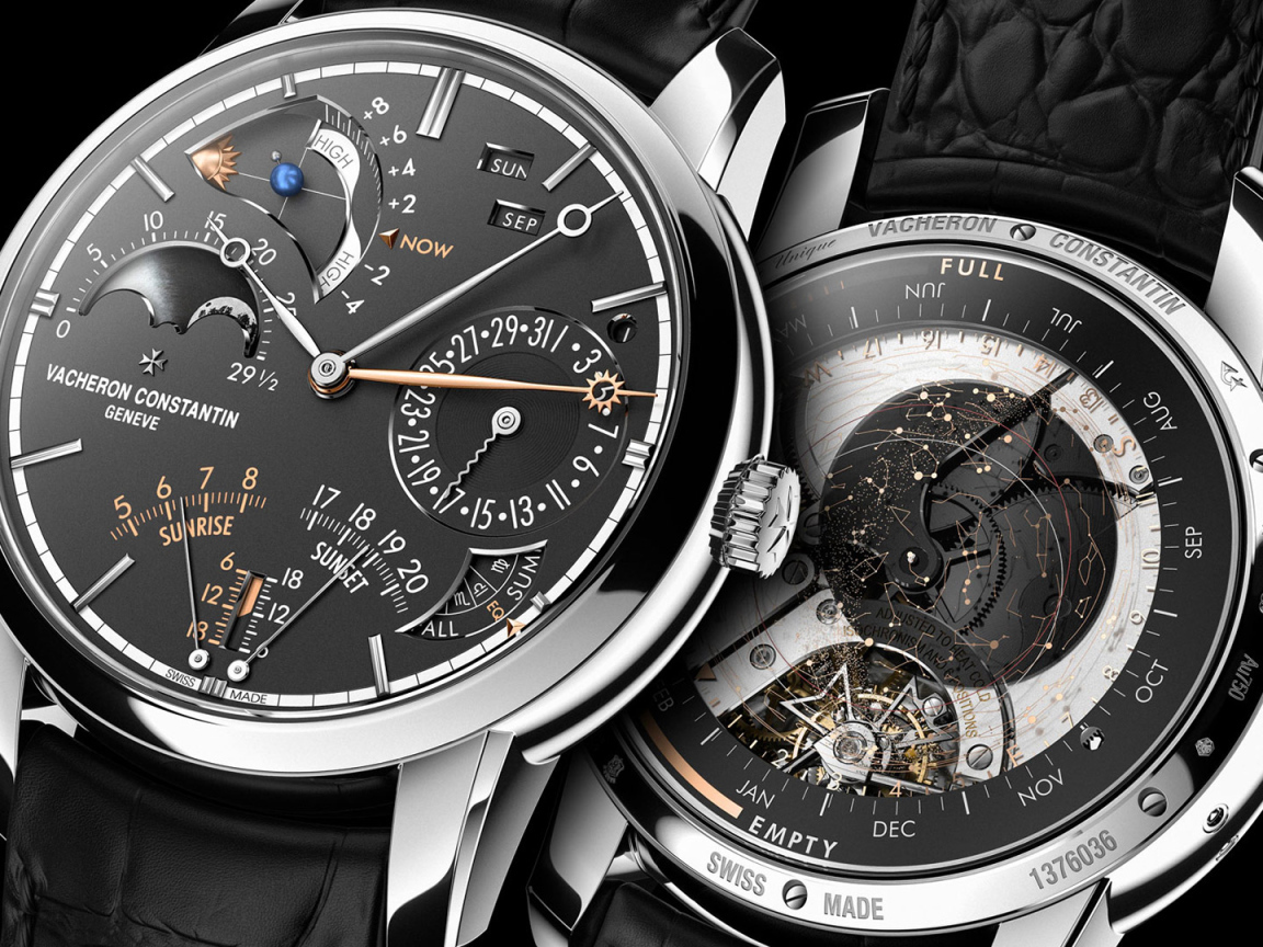 Стильные дорогие часы Vacheron Constanin с черным кожаным ремешком