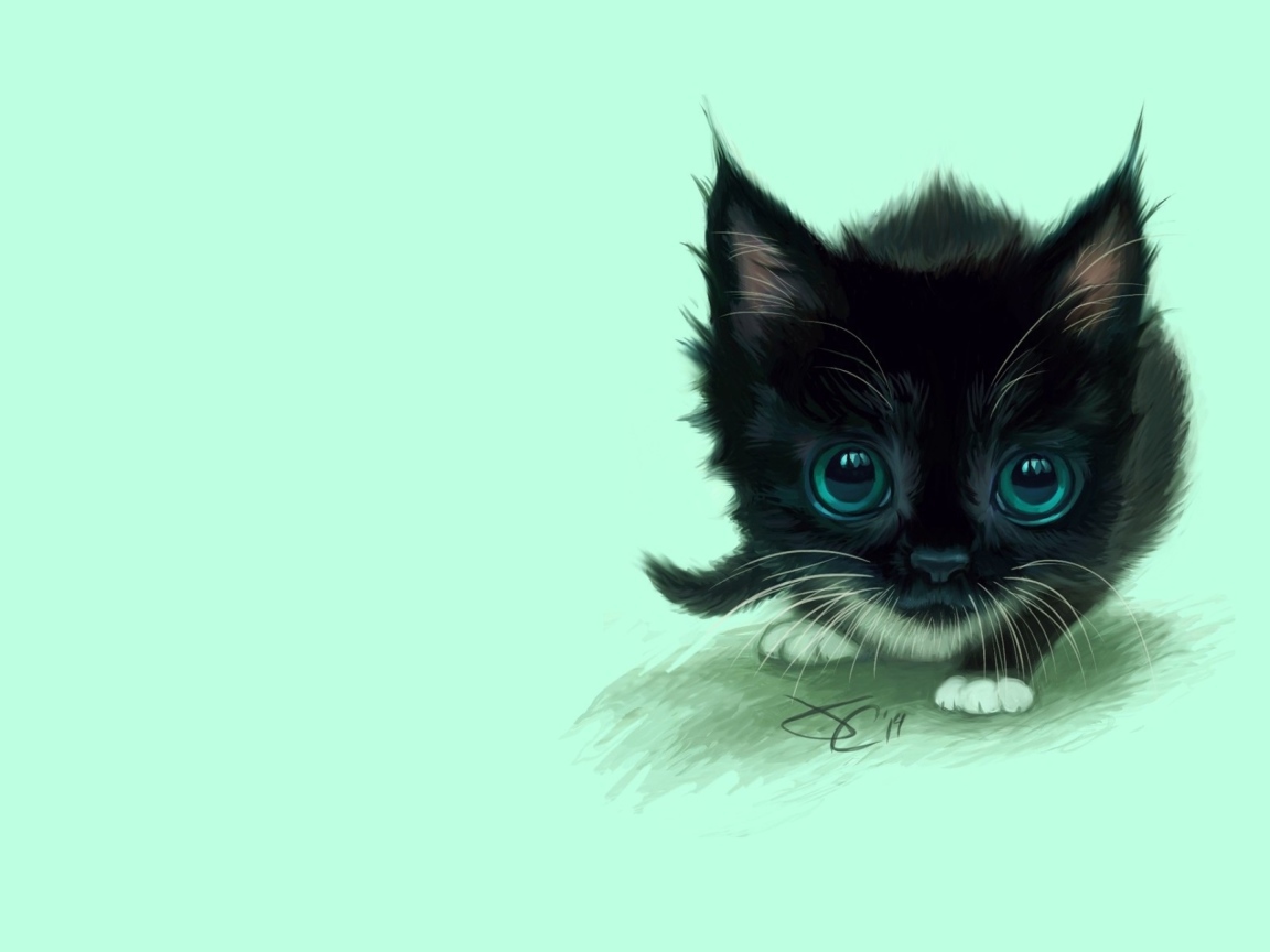 Маленький нарисованный черный котенок  с большими зелеными глазами