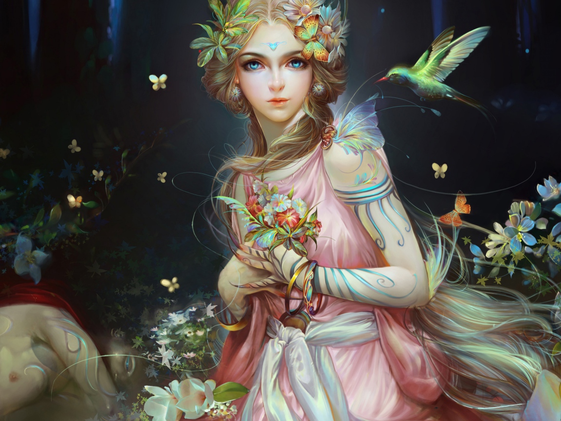 Красивая фантастическая девушка с необычными цветами