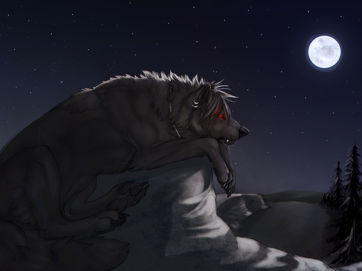 Большой черный волк на камне под луной