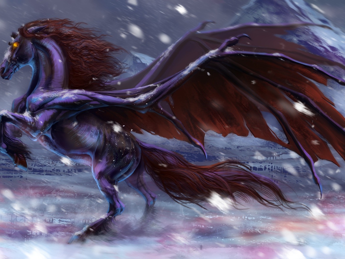 Фантастический черный конь с крыльями 