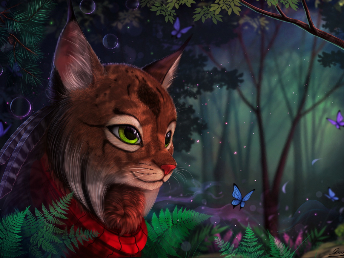 Фантастическая волшебная рысь в лесу с бабочками