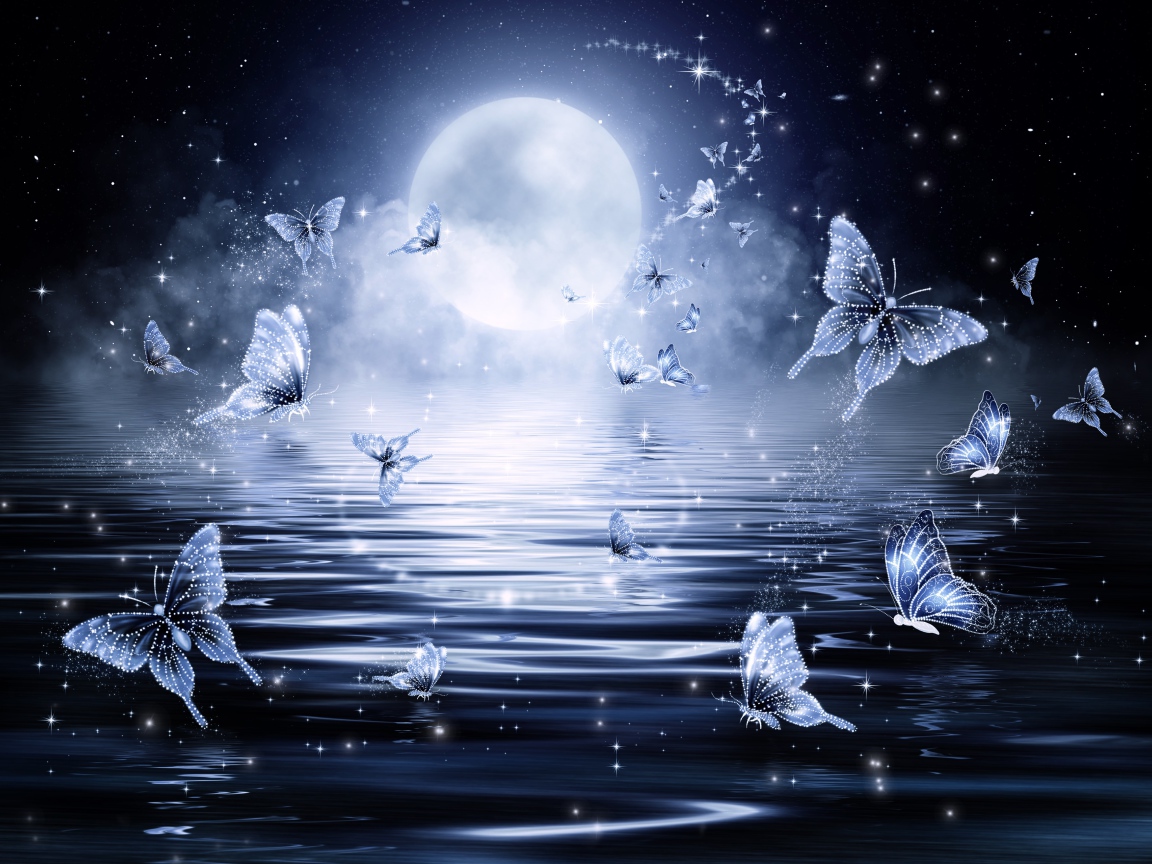 Фантастические неоновые голубые бабочки на фоне луны