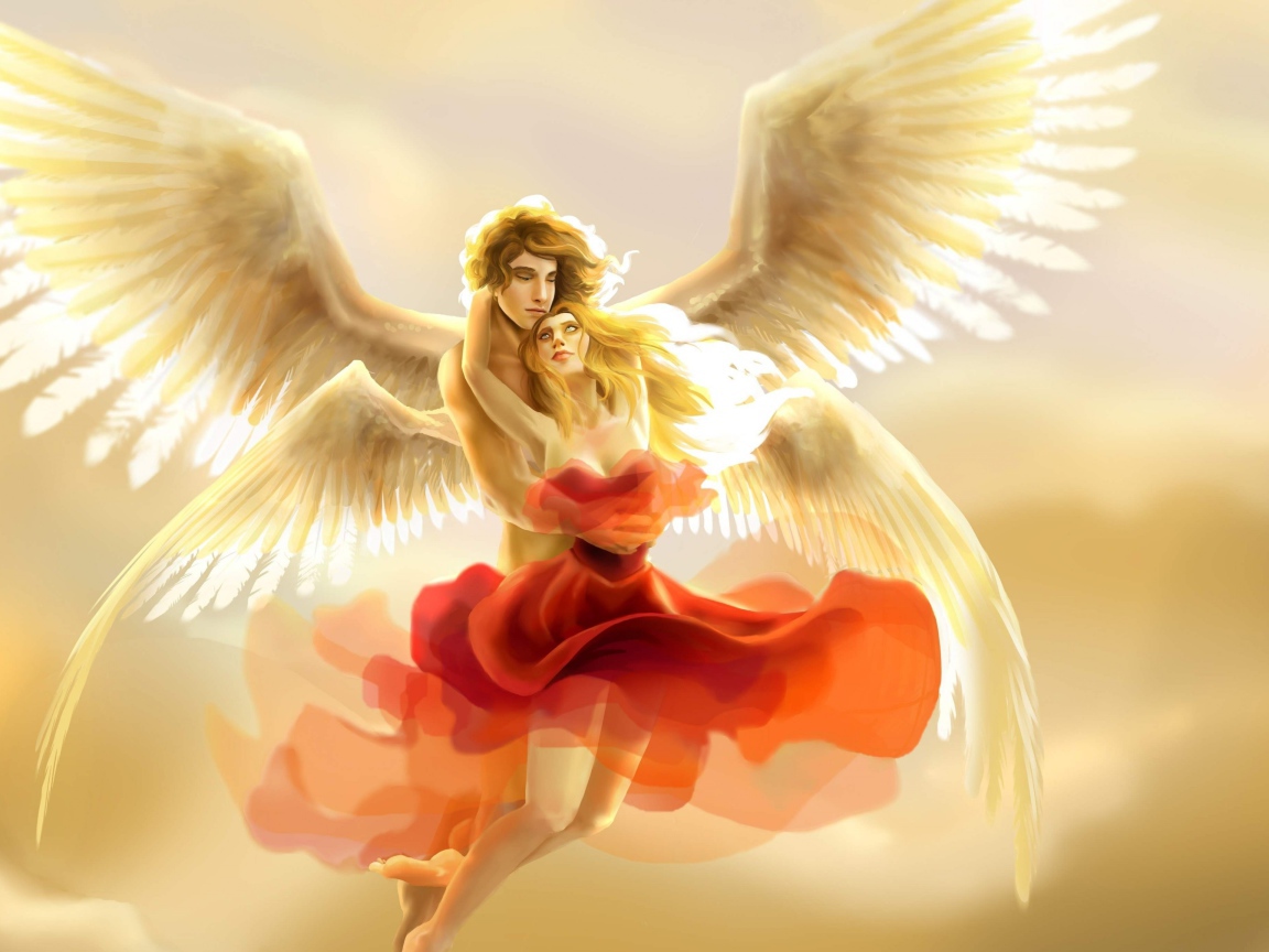 Влюбленная пара ангелов в небе
