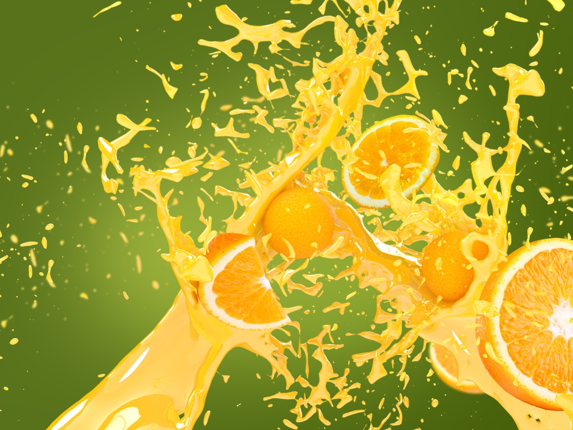 Кусочки апельсина в брызгах сока на зеленом фоне