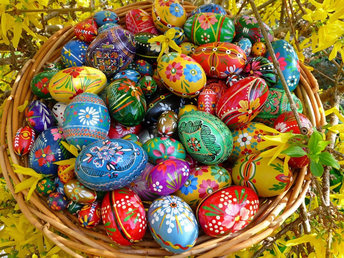 Яркие расписные пасхальные яйца в корзине 