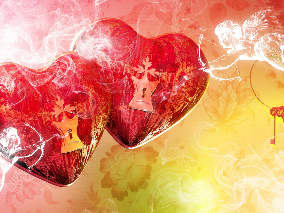 Два больших красных сердца с замочными скважинами и купидонами