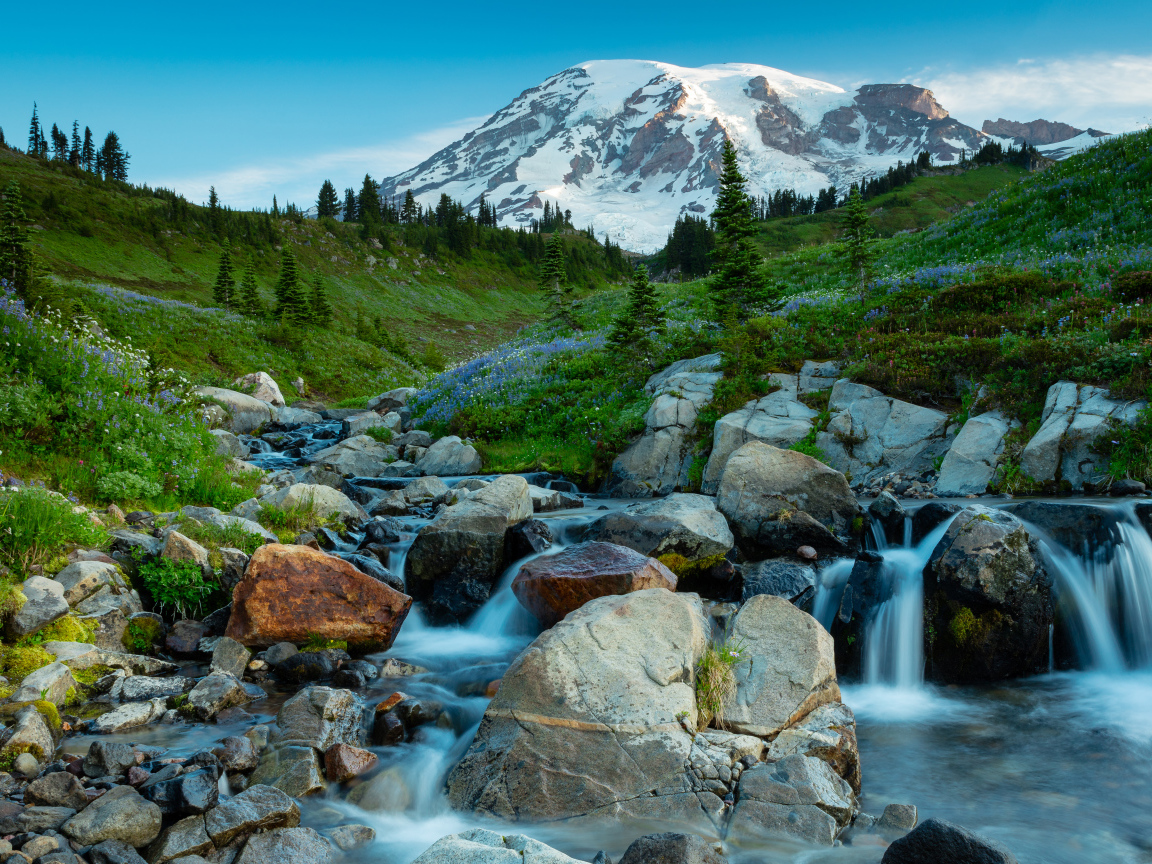 Живописный ручей течет по камням на фоне горы