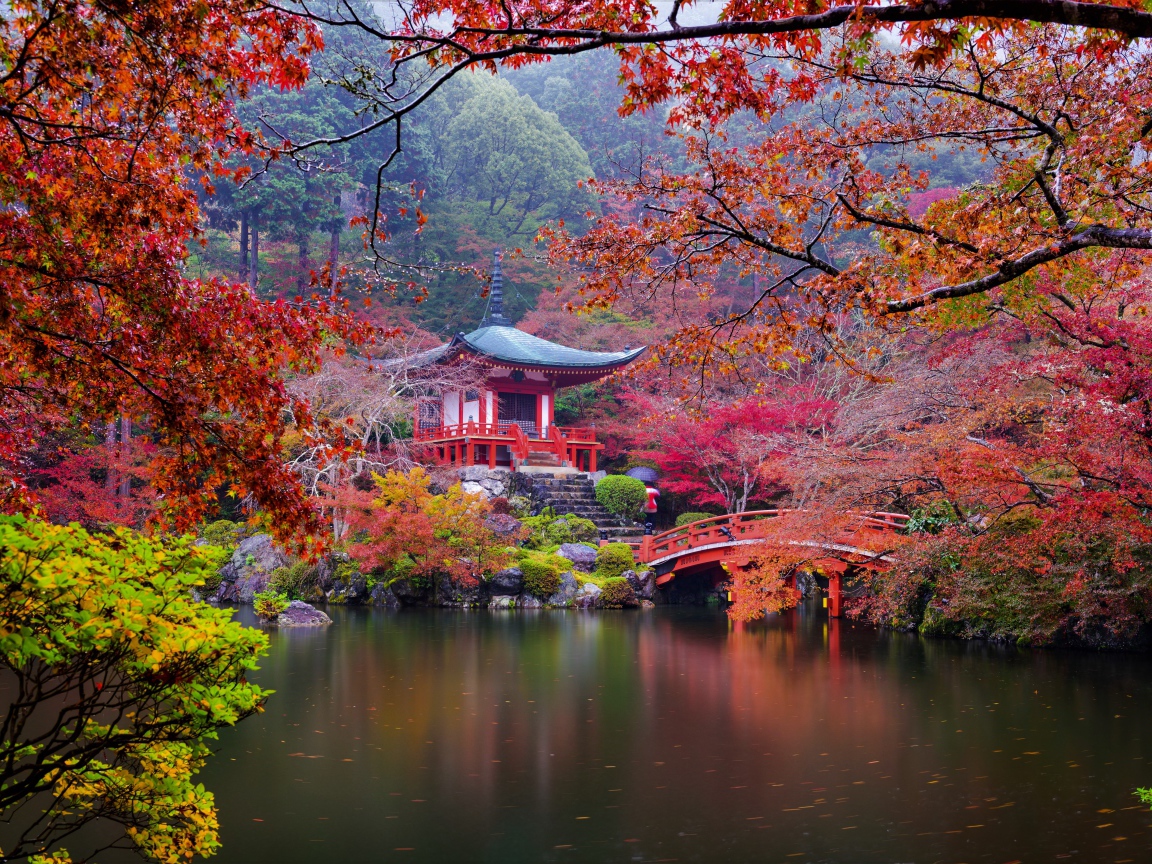 Осенний японский пейзаж у пруда