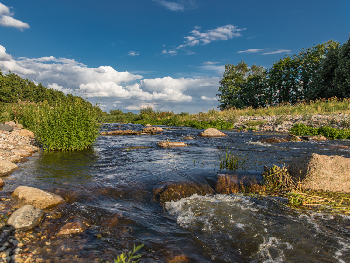 Быстрая речная вода стекает по камням под красивым голубым небом