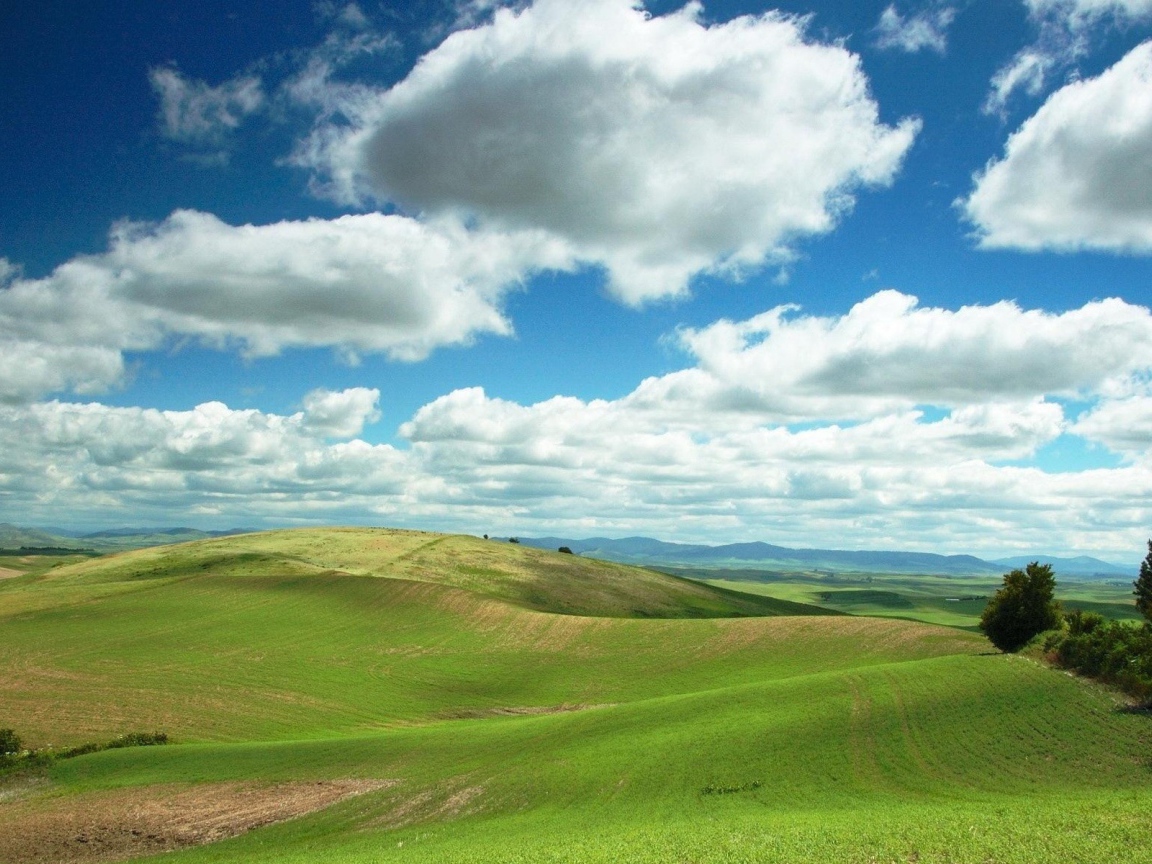 Белые облака в голубом небе над зеленой равниной