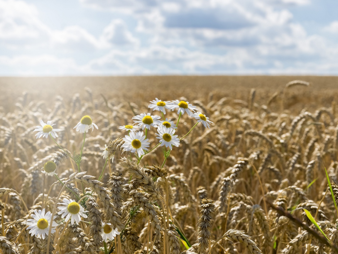 Ромашки растут на поле желтой пшеницы