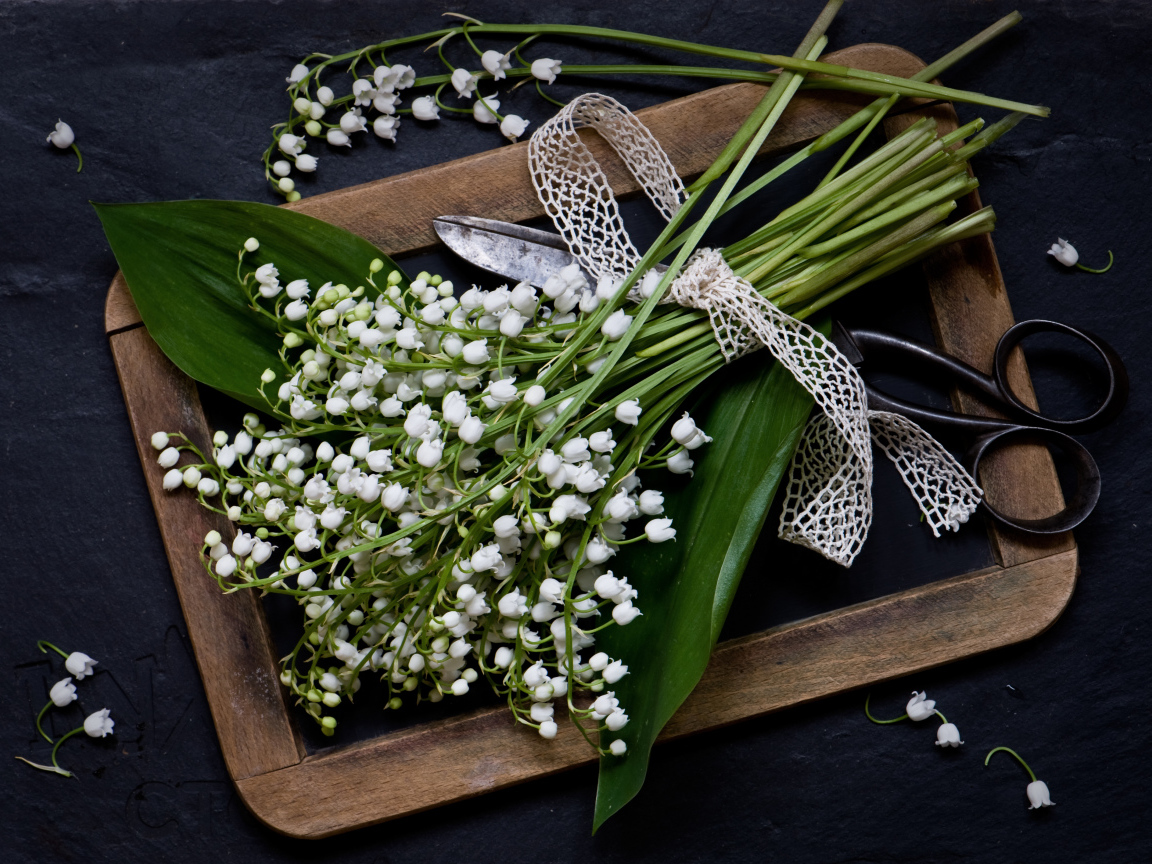 Букет белых ландышей с ножницами на столе