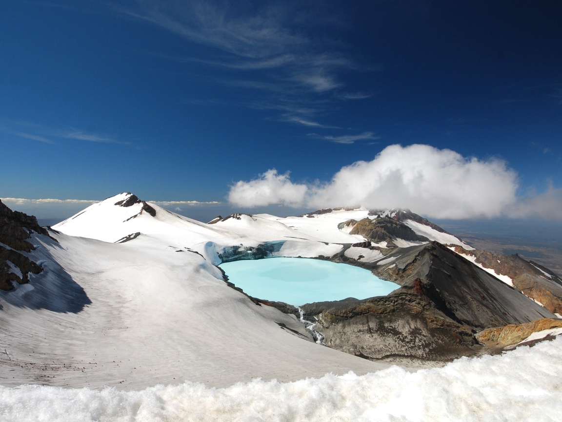 Заснеженный кратер вулкана Тонгариро под голубым небом, Новая Зеландия