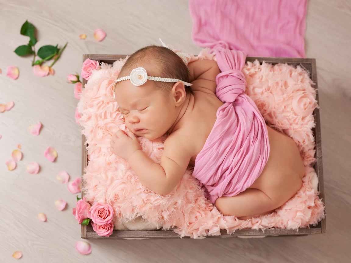 Спящий младенец с розовыми лепестками роз