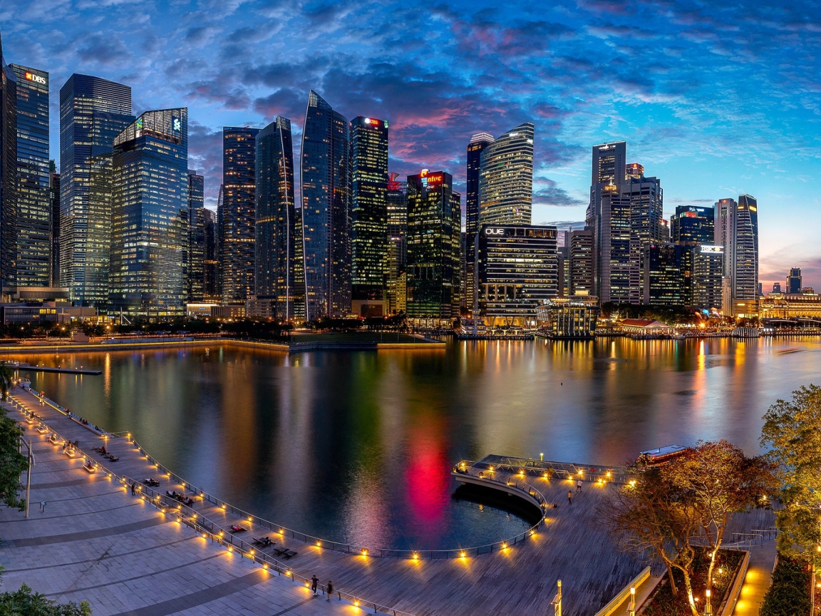 Небоскребы и гавань ночного Сингапура, Азия 