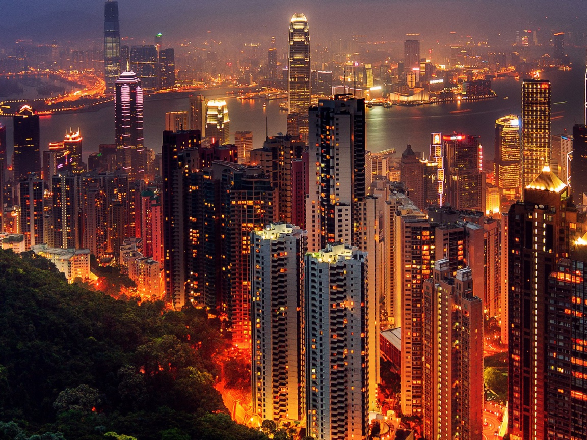Вид на ночной Гонконг, Китай 