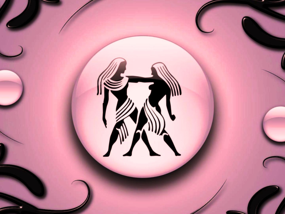 Знак зодиака Близнецы на  розовом фоне с чёрным орнаментом  