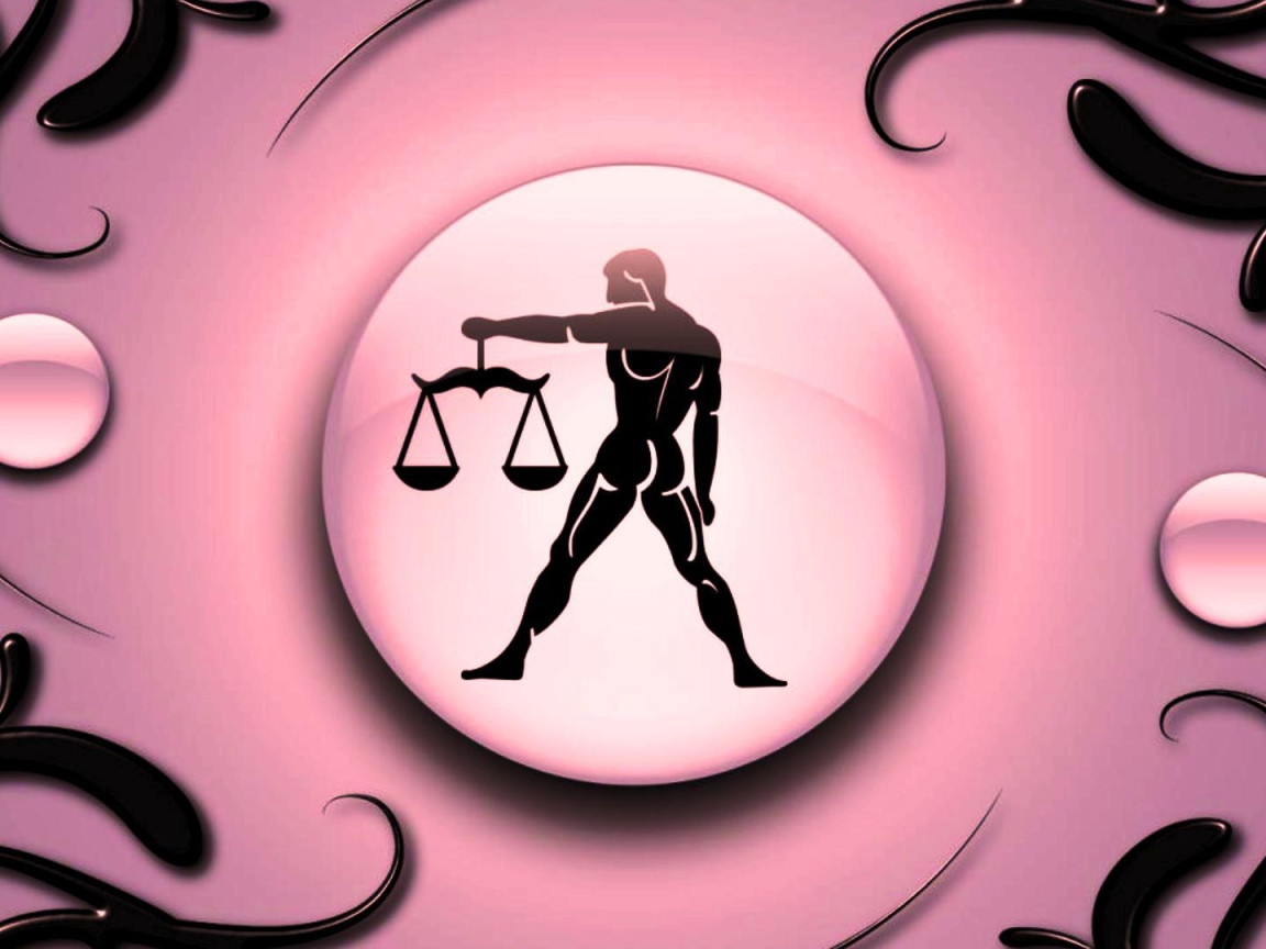 Знак зодиака Весы на  розовом фоне с чёрным орнаментом 