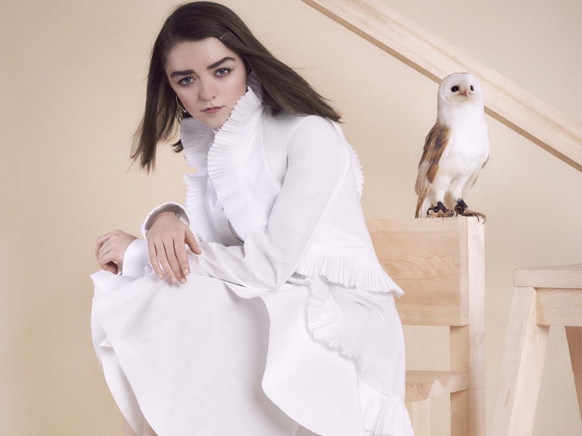 Актриса Мэйси Уильямс в белом платье с совой