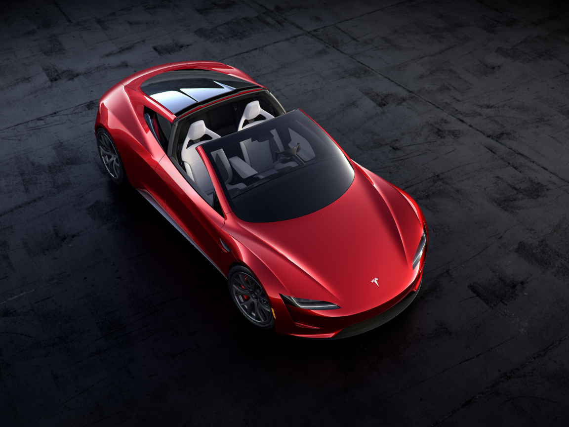 Красный автомобиль Tesla Roadster, 2020 вид сверху