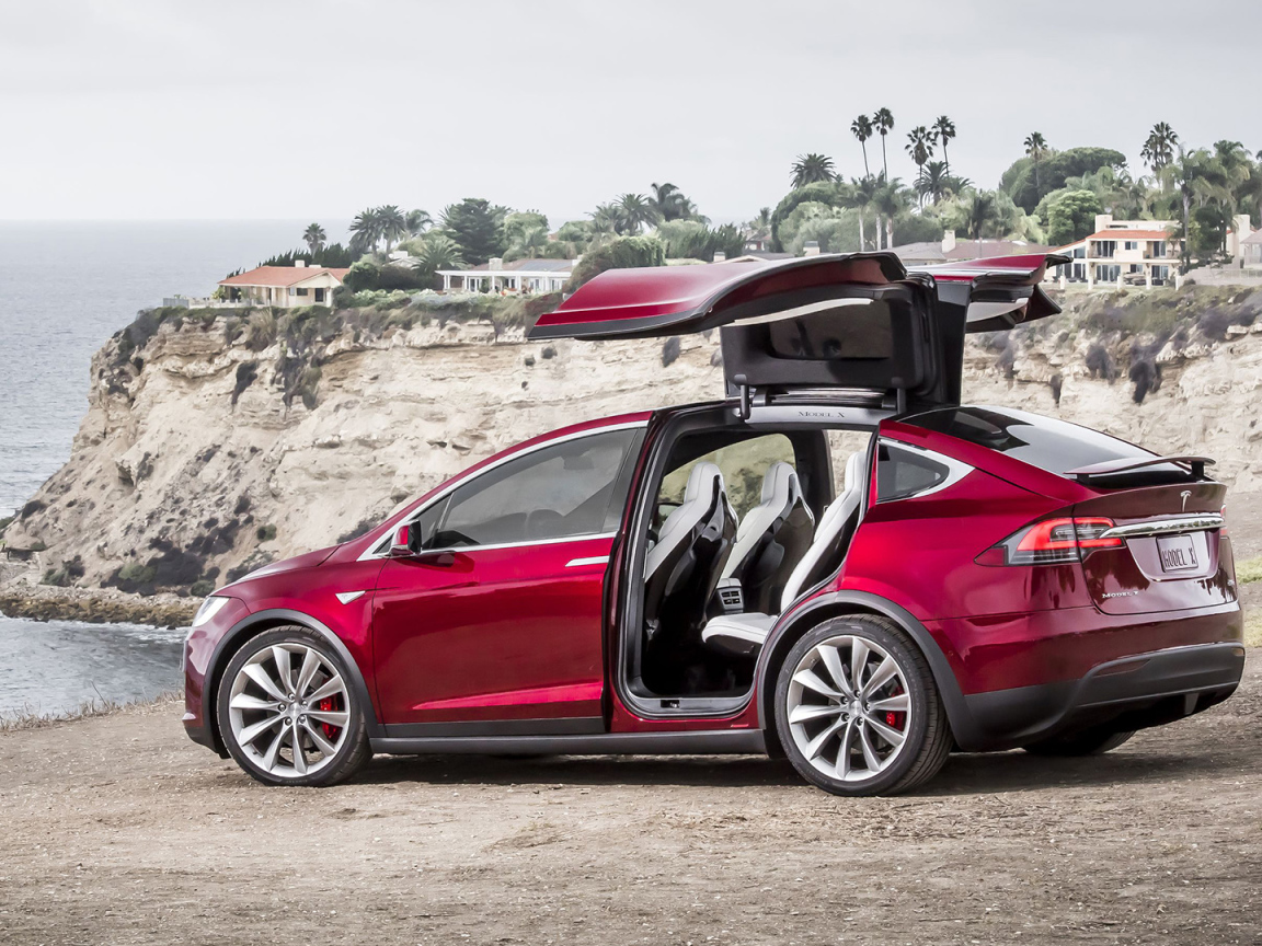 Красный электромобиль Тесла на берегу 