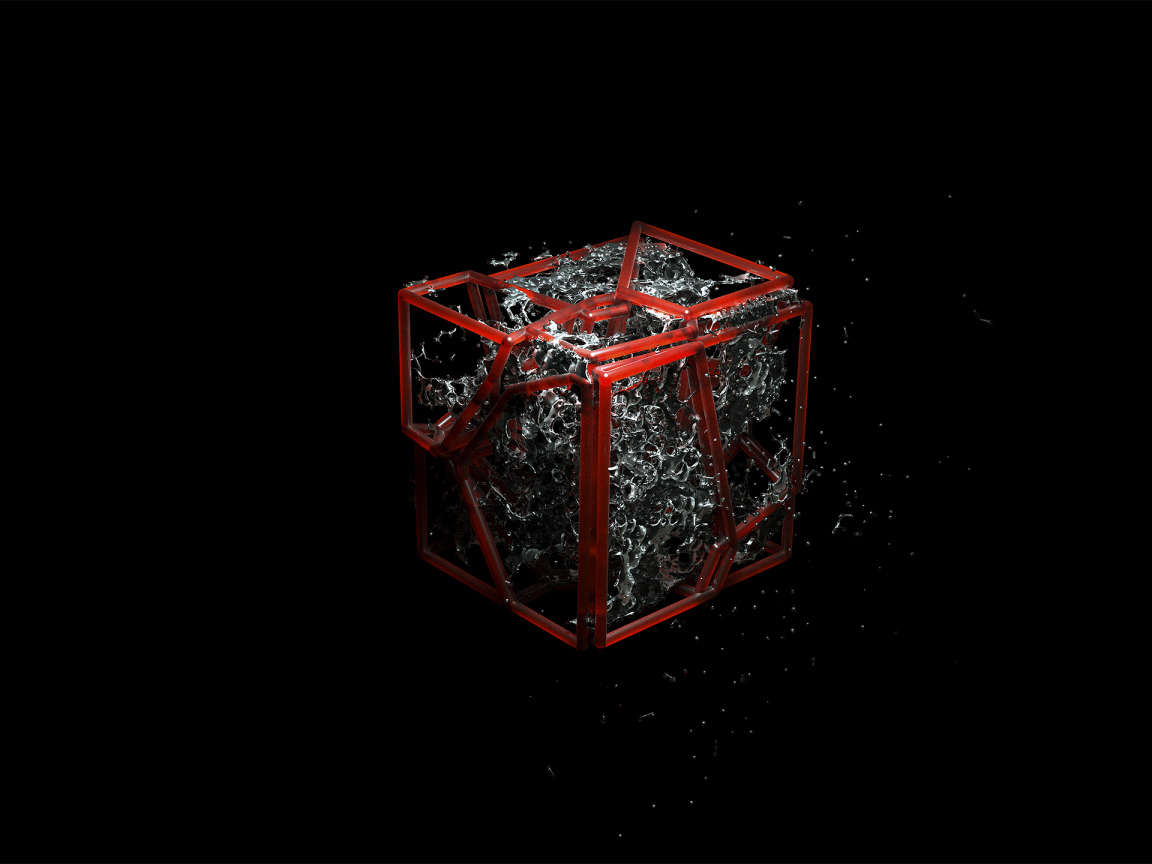 Красный куб с водой внутри на черном фоне, 3д графика