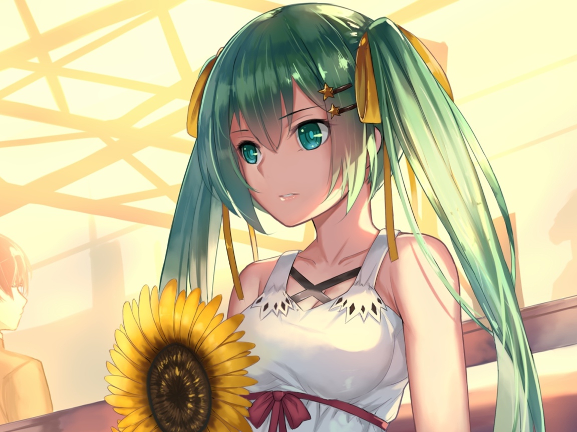 Девушка аниме Мику Хацунэ с подсолнухом в руках