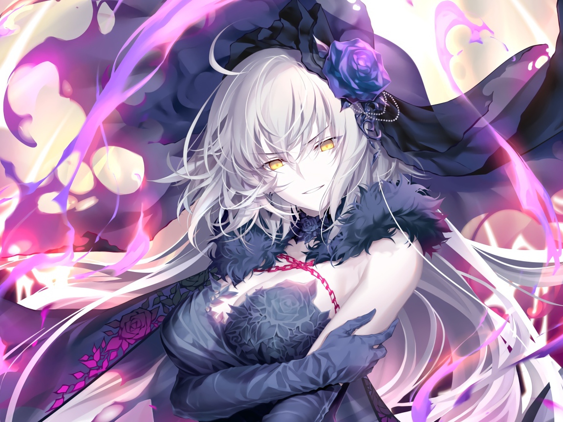 Девушка аниме с желтыми глазами в черной фате