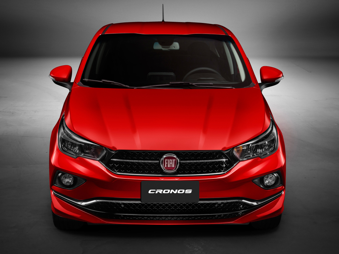 Красный автомобиль Fiat Cronos  2018 года, вид спереди