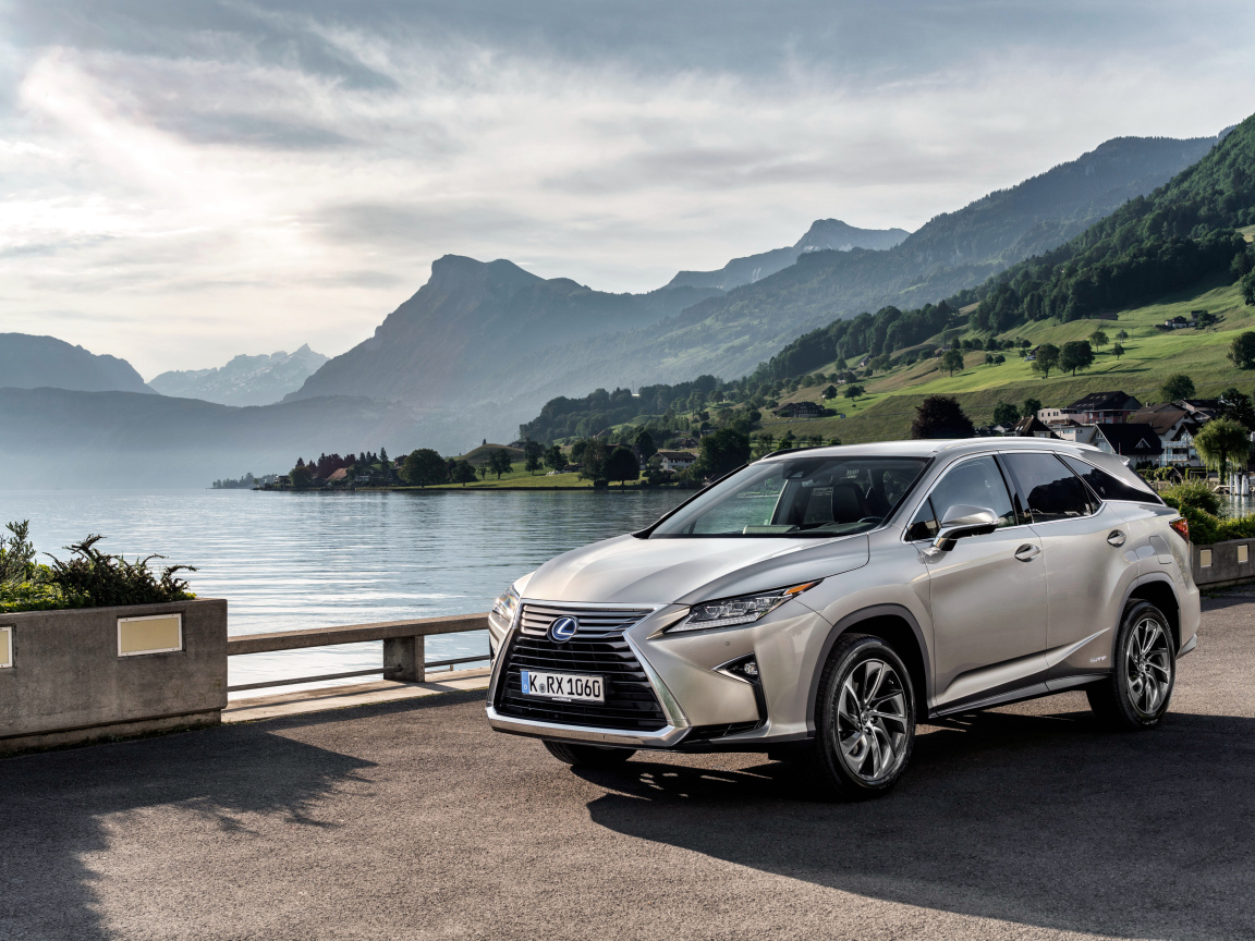 Серебристый автомобиль  Lexus RX на фоне воды