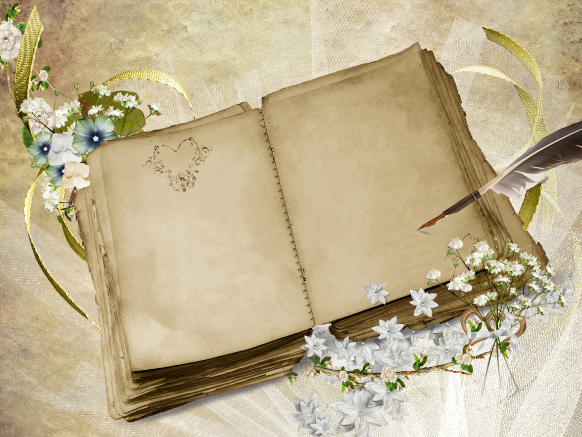 Старая книга с пером и цветами, шаблон для поздравительной открытки